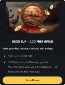 wanted win welcome bonus 3